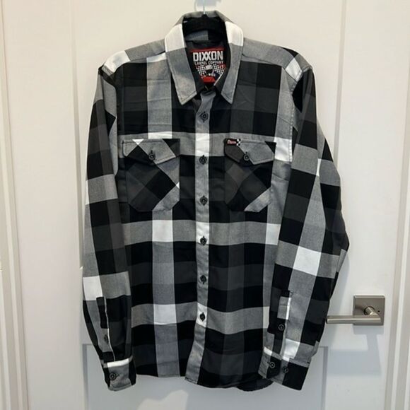 Mens Dixxon Flannel Co Finish Line D Tech gray black white plaid button shirt - Picture 1 of 11